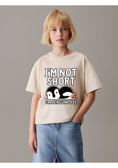 Uyguntarz Çocuk Penguen Baskılı Pamuklu Tshirt Bej