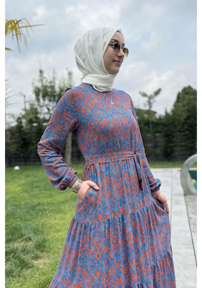 Rabia Şamlı Betül Turuncu Tesettür Elbise Çok Renkli