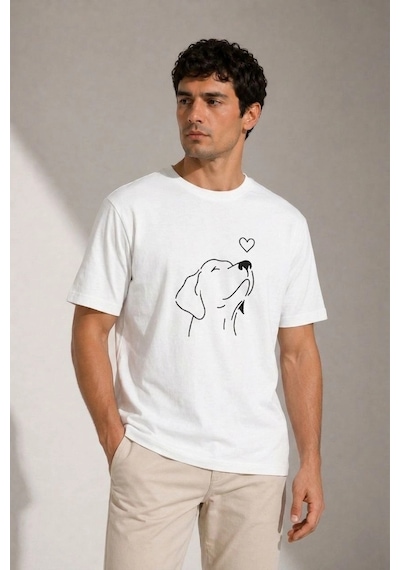 Barlashive Erkek Köpek Figürlü Minimal Baskılı Tişört Kısa Kol Yazlık T-shirt - Beyaz Çok Renkli