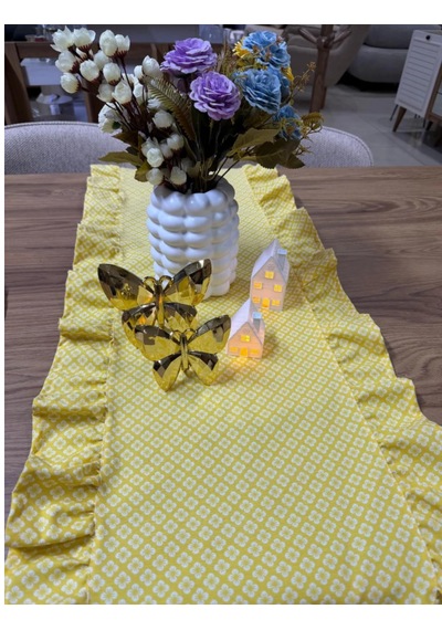Vintage Duck Keten Sarı Çiçekli Fırfırlı Oval Runner 40 X 140 Cm Sarı