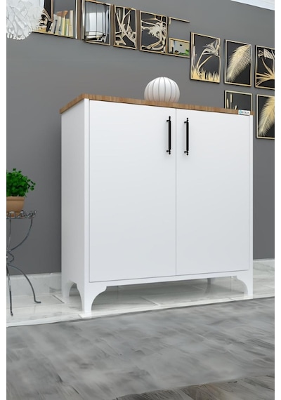 %100 Mdf 2 Kapaklı Küp Üstü Desenli Ayakkabılık Beyaz