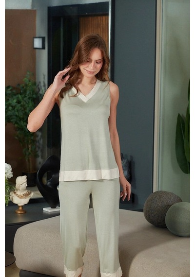 Alfa Aksesuar 03 Aqua 26605 Kadın V Yaka Sıfır Kol Kapri Pijama Takım Yeşil