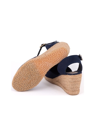 Star Tombis Gerçek Elişi Topuğu Açık Bilekten Bantlı Dolgu Topuk Keten Hasır Kadın Espadril Handmade Lacivert