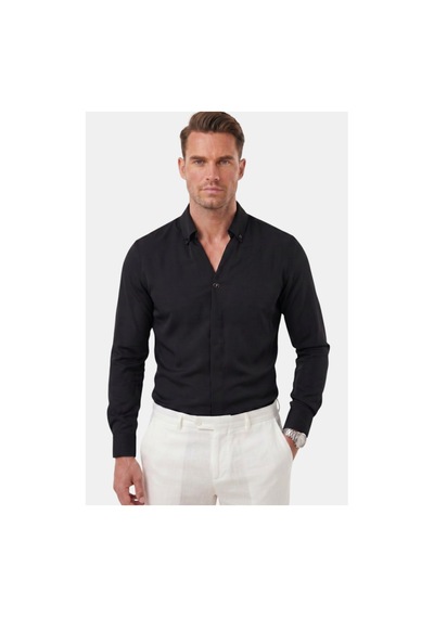 Deepsea Siyah Slim Fit Kolay Ütülenebilir Açık Dik Yaka Likralı Erkek Gömlek 2602615