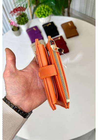 Turuncu Fermuar Detaylı Deri Kadın Cüzdan Yılbaşı Hediyesi 14x9cm Turuncu