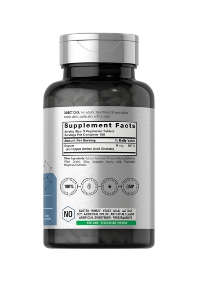 Chelated Copper 6mg 300 Tablet Temel İz Mineral Vejetaryen, Gdo'suz, Glutensiz