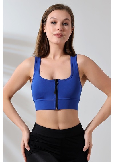 EMFURE Saks Fermuarlı Spor Büstiyer - Sports Bra / Crop Destekli Spor Sütyeni Saks