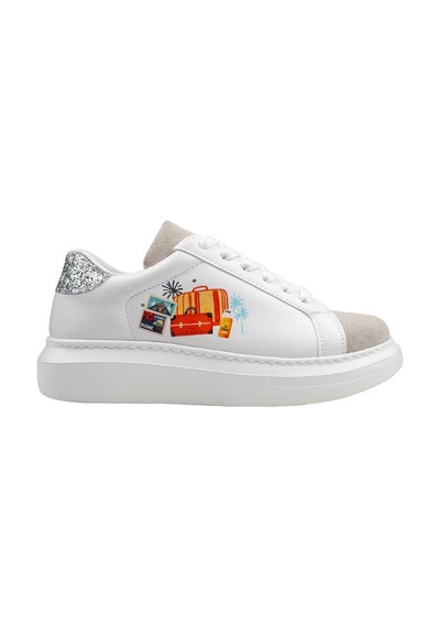 Kadın Vegan Deri Beyaz Sneakers - Travel Collage Tasarım Çok Renkli