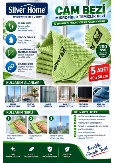 Silver Home Yeşil Cam Bezi 200 Gsm 40x50 Cm 5 Adet