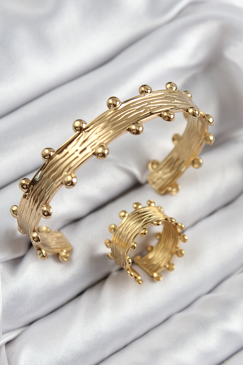 Tua Moda Pirinç Topcuk Model Gold Renk Bileklik Yüzük Set Çok Renkli