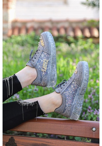 Astra Taşlı Desenli Şeffaf Taban Gri Renkli Kadın Sneaker-gri Gri