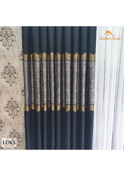 Lüks Siyah Fon Pano Perde Sık Pile Tek Kanat - Modern House Siyah