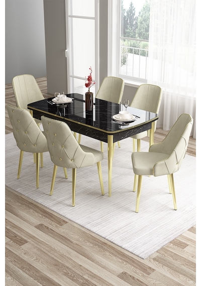 Canisa Concept Tia Serisi 80x132 Mdf Açılabilir Siyah Mermer Desen Gold Detay Masa Takımı Ve 6 Krem Sandalye Masa Siyah Mermer Desen Sandalye Krem Canisa Concept Tia Serisi 80x132 Mdf Açılabilir Siyah Mermer Desen Gold Detay Masa Takımı Ve 6 Krem Sandalye Masa Siyah Mermer Desen Sandalye Krem