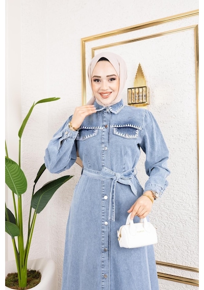 Harman Butik Kadın Cep Detaylı Denim Kot Elbise Mavi Mavi