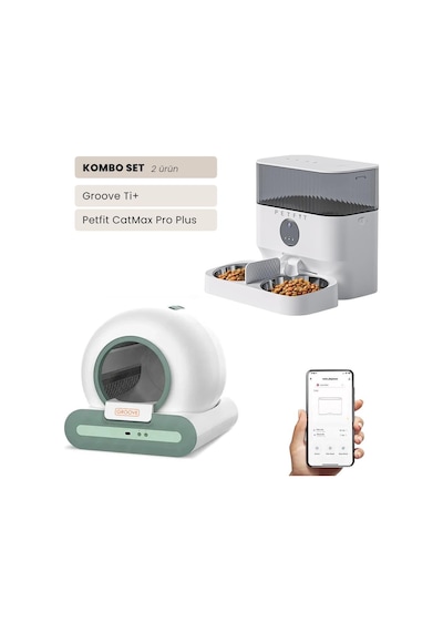 Groove Ti+ Wi-fi Akıllı Otomatik Kedi Tuvaleti Yeşil + Petfit Catmax Pro Plus 5l Wi-fi Kameralı Akıllı Otomatik Mama Kabı Besleme Ünitesi Bundle