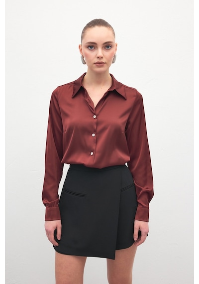 Sateen Saten Gömlek - Bordo-137000 Bordo