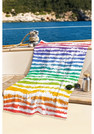 Çizgili Gökkuşağı Plaj Havlusu - Modern Renk Geçişli Havuz Deniz Hızlı Kuruyan Mikrofiber Havlu Kül Melisa