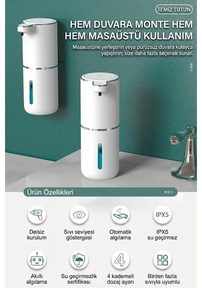 Vayomy Otomatik Köpük Sıvı Sabunluk Sensörlü Köpük Sabun Makinesi 380 Ml Usb Type-c Şarjlı Foamsmart Beyaz