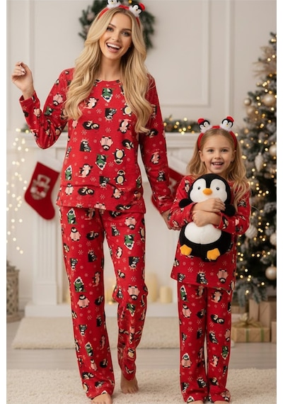Siyah İnci %100 Pamuklu Puanlı Şeker Baston Desenli Yılbaşı Temalı Örme Pijama Takım Kırmızı Penguen