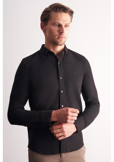 İmza Siyah Uzun Kol Düğmeli Yaka Kendinden Desenli Pamuklu Slim Fit Gömlek 1004255267 Siyah