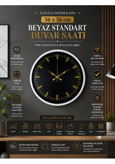 36 Cm Dekoratif Duvar Saati Standart Altın Rakamlı Beyaz