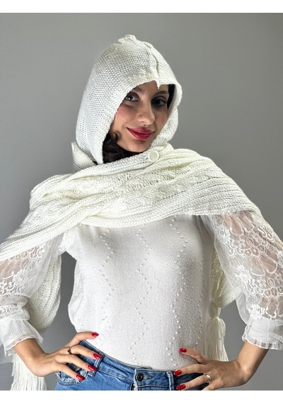 Gönülden Tasarım Triko Örgü Düğmeli Kadın Kapişonlu Şal Boyunluk 200x40 Cm Renkli