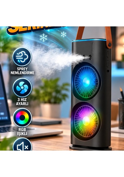 Çift Fanlı Masaüstü Serinletici Sprey Nemlendirme, Rgb Işık Ve 3 Hız Ayarlı