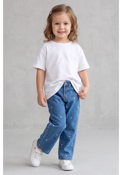 Dmb Boys & Gırls Kız Çocuk Kalp Nakışlı Denim Kot Pantolon Mavi 2-7 Yaş-2791