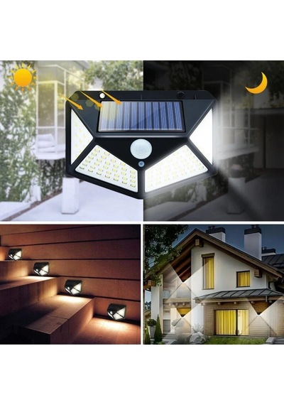 100 Ledli 3 Farklı Aydınlatma Ayarlı Solar Güneş Enerjili Hareket Sensörlü Bahçe Duvar Lambası Renkli
