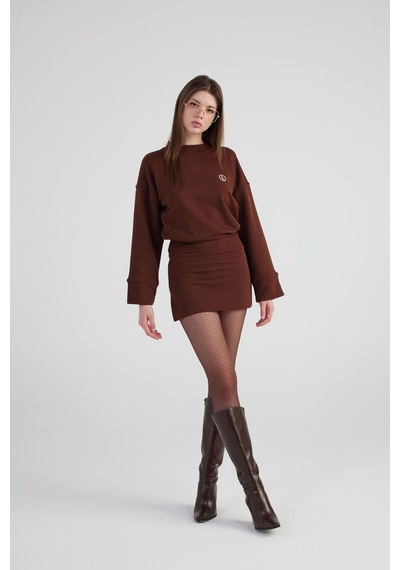 Holly Lolly Yırtmaçlı Dokuma Kumaş Mini Claire Elbise Kahve