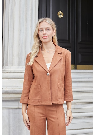 Kadın Yakalı Rahat Kesim Uzun Kol Hafif Likralı Süet Kumaş Düğmeli Cepli Blazer Ceket-taba Taba Kadın Yakalı Rahat Kesim Uzun Kol Hafif Likralı Süet Kumaş Düğmeli Cepli Blazer Ceket-taba Taba