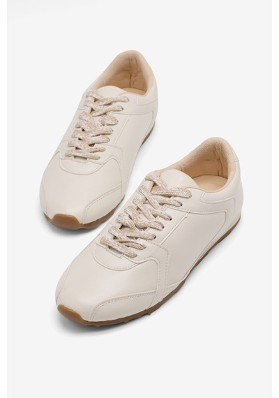 Tonny Black Kauçuk Taban Nefes Alabilen Bağcıklı Sneaker Kadın Bej Cilt Sneaker Tbklc010