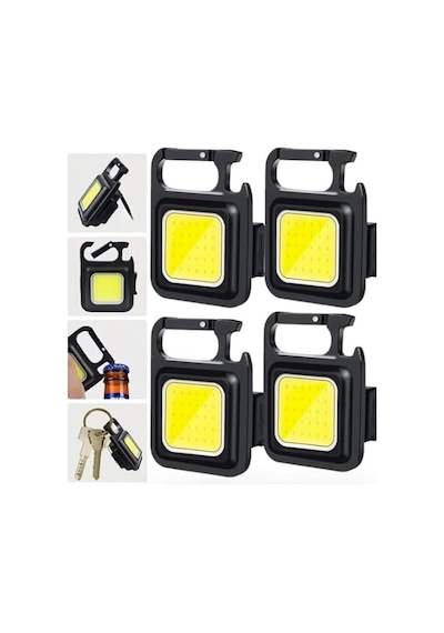 4 Adet Led Anahtarlıklı Metal Kasa El Feneri Şişe Açacağı Usb Li Şarj Edilebilir Cep Boy Cob 80