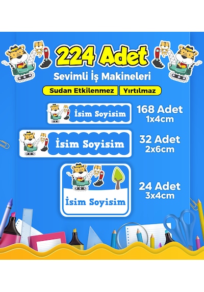 İş Makineleri Temalı Okul Kreş Kişiye Özel İsim Etiket Seti - Model 261 Çok Renkli