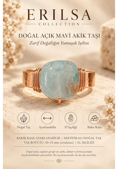 Sertifikalı Açık Mavi Akik Taşı Doğal Taş Yüzük Bakır Kasa Ayarla Çok renkli 31795532