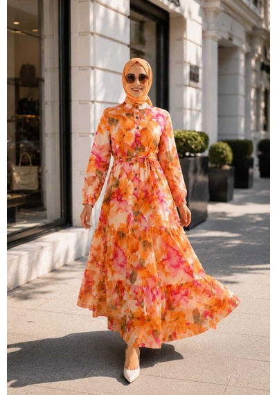 Hb Harma Time Butik Kadın Düğmeli Desenli Modal Kumaş Turuncu Elbise Orange Orange