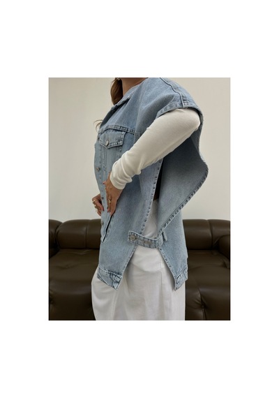 Kene Jeans Kadın Buz Kar Panço Oversize Kot Yelek Mavi