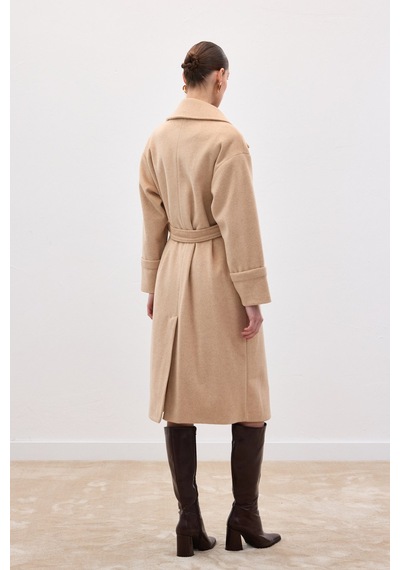 Sateen Beli Bağlamalı Uzun Kaban - Bej-136630 Bej