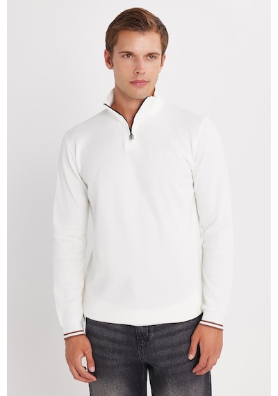 Tudors Erkek Slim Fit Dar Kesim Pamuklu Yarım Fermuarlı Dik Yaka Beyaz Sweatshirt-35784 Beyaz