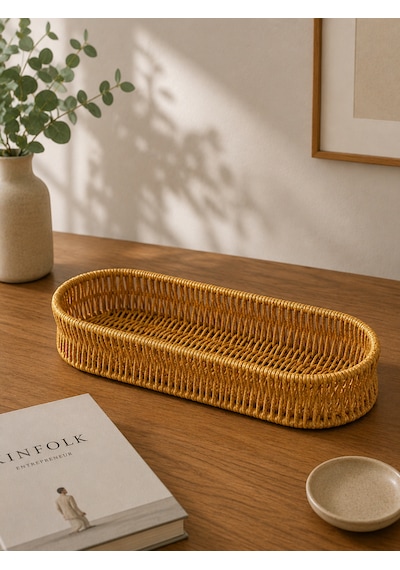 Rattan Oval Organizer Düzenleyici Masaüstü Tezgahüstü Yağlık Standı Çok Amaçlı Sepet 31 12cm Açık Sarı