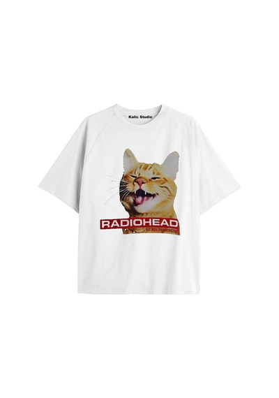 Radiohead Cat Baskılı Tişört Oversize Beyaz