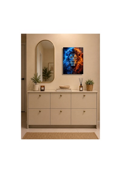 Ateş Ve Buz Aslan A3 Metal Poster Mavi Turuncu Alevli Aslan Portresi Dekoratif Duvar Tablosu Çok Renkli - 937547502 Çok Renkli - 937547502 Çok Renkli