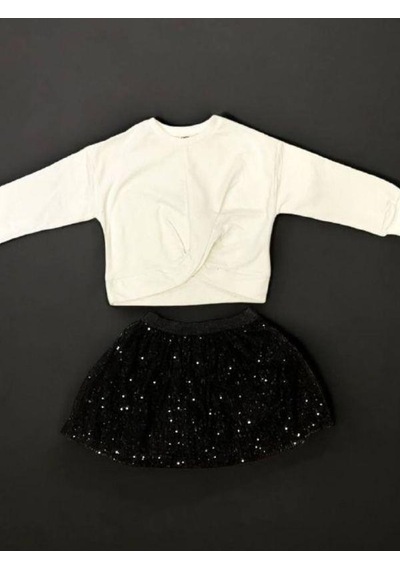Çikoby Kız Çocuk Crop Bluz Pul Payetli Etekli Takım-14891 Ekru