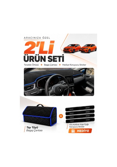 Renault Clıo 5 2019-2026 Uyumlu Torpido Örtüsü + Tay Tüyü Bagaj Çantası + Sticker - Siyah Mavi