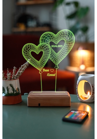 Kişiye Özel 3D 2 Kalpli Balon Masaüstü Led Lamba