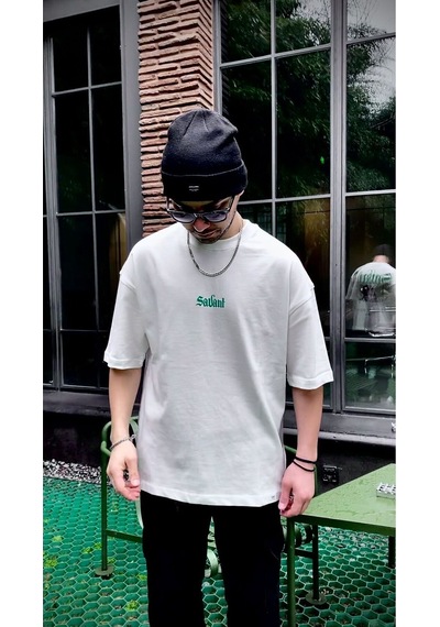 Oversize Baskılı Bisiklet Yaka T-shirt Beyaz