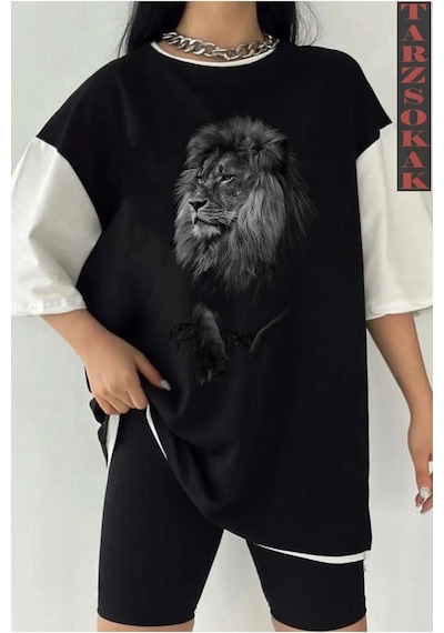 Startmore Siyah Oversize Çift Renk Aslan 3 Baskılı Unisex Tshirt Beyaz