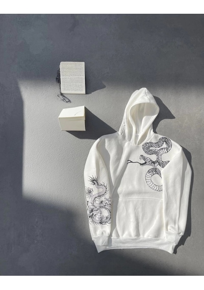 Uzun Kol Kapüşonlu Baskılı Sweatshirt - Beyaz - Beyaz