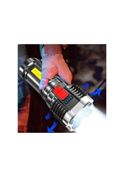Ultra Parlak El Feneri Usb Şarj 4 Led+yan Cob Led Taktik Günlük Hayat Kamp Avcılık El Feneri Siyah