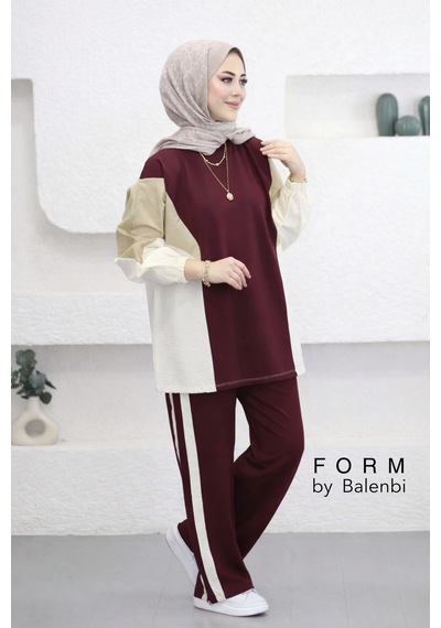 Balenbi Oversize Çift Garni Detaylı Şeritli Modal Tesettür Kadın Takım 1198 - Form Serisi Bordo Balenbi Oversize Çift Garni Detaylı Şeritli Modal Tesettür Kadın Takım 1198 - Form Serisi Bordo